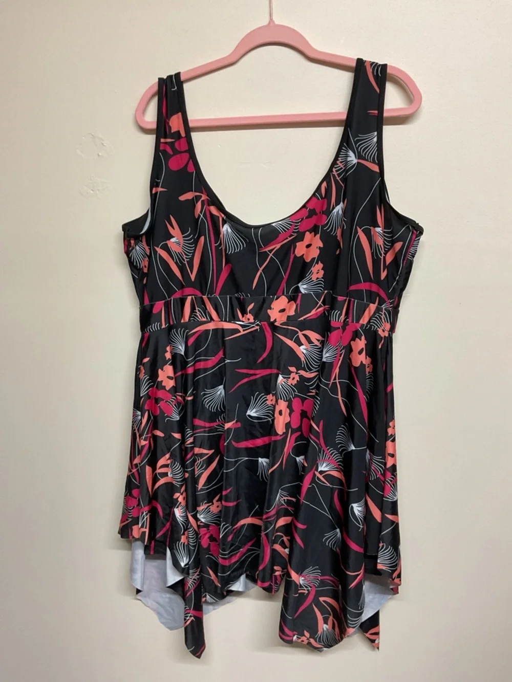 Black Floral Handkerchief Hem Tank Swim Dress - Picture 2 of 4